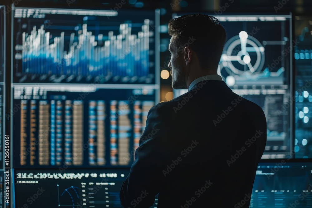 Poster a business analyst studies various data visualizations on multiple screens in a dimly lit office at 