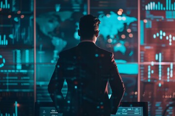 A business professional stands in a modern office, analyzing dynamic global data displays on multiple screens while observing a world map during the evening hours.