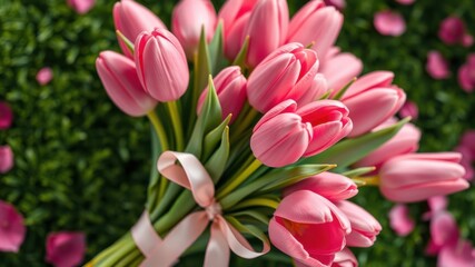 Fototapeta premium A delicate bouquet of pink tulips tied with a satin ribbon, showcasing the graceful beauty of springtime blooms.