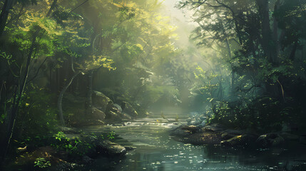 Misty Rainforest River: Sunlight streams through the dense canopy of a lush rainforest, illuminating a tranquil river winding its way through the vibrant green foliage.