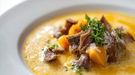 Close-up of ciorb&Auml;&fnof; de burt&Auml;&fnof; showing tender tripe and vibrant garnishes.