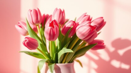Obraz premium A delicate bouquet of pink tulips in a soft pink vase, bathed in the warm glow of sunlight, casts delicate shadows on a soft pink backdrop.