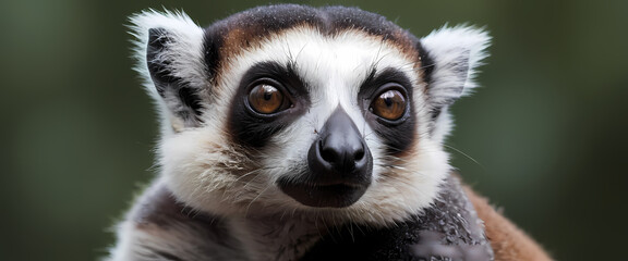 Obraz premium Curious Ring-Tailed Lemur: A close-up portrait of a ring-tailed lemur, its distinctive black and white stripes and mesmerizing amber eyes captivating the viewer.