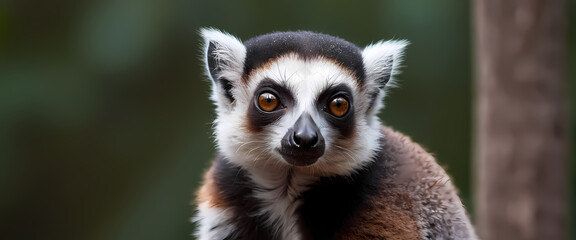 Obraz premium Ring-tailed Lemur Portrait: A captivating close-up portrait of a ring-tailed lemur, showcasing its expressive amber eyes, distinctive black and white markings, and soft fur.