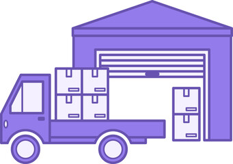Warehouse Icon Colored. Vector Illustration. Unloading Goods in Warehouse. Car with Cargo, Delivery Service. Logistics Concept