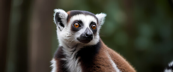 Obraz premium Portret ciekawego lemura: Lemur katta o urzekających bursztynowych oczach uważnie spogląda z gęstej dżungli, ukazując swoją wrodzoną ciekawość i łagodną naturę. 