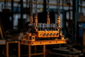 mechanics repair concept. A restored engine being carefully lowered into a car chassis using a hydraulic lift, mechanics repair engine restoration, precision mechanical work