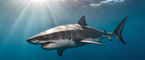 Fototapeta premium Majestic Great White Shark: A powerful great white shark glides effortlessly through the ocean depths, sunlight streaming through the water above.