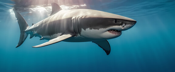 Fototapeta premium Majestic Great White Shark: A powerful great white shark glides through the deep blue ocean, sunlight filtering through the water above.