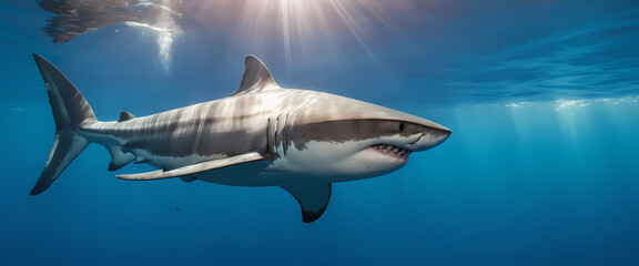 Fototapeta premium Great White Shark in Blue Water: A majestic great white shark, its powerful body and sharp teeth, glides effortlessly through the crystal clear blue water. The sunlight illuminates its sleek form.