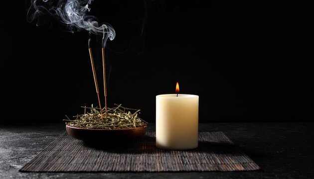 lite candle and insense on white background