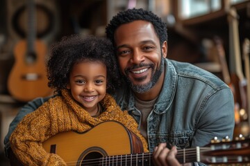 A father teaching his child how to play guitar, both seated in a cozy room with instruments around them
