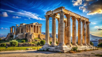 Fototapeta premium Majestic Ruins of the Ancient Temple of Olympian Zeus with Acropolis Hill in the Background Showcasing the Rich History of Athens, Greece in a Beautiful Landscape Setting