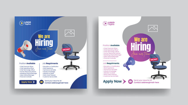 We are hiring job social media posts, ads banner template, Job job vacancy square flyer or web banner Template design - Powered by Adobe