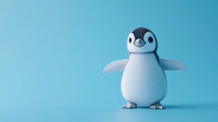 Obraz premium Adorable Fluffy Penguin Chick Stands On Blue Background