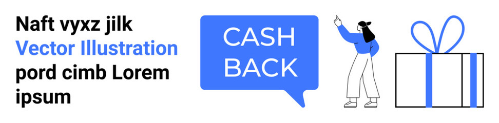 Woman pointing at Cash Back sign styled as speech bubble, large gift box with blue bow beside her. Ideal for promotions, rewards programs, gift cards, loyalty discounts, sales events, customer