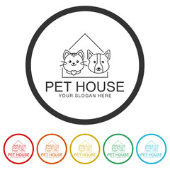 Dog cat pet house home Line icon. Set icons in color circle buttons