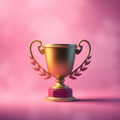 Fototapeta premium 3D golden trophy with laurel wreaths floating in the air representing success and achievement in business and life isolated on a soft gradient background Large space for text in center Stock Photo