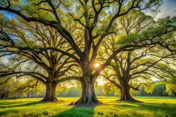 Obraz premium Majestic Swamp White Oak Trio in Early Spring: A Candid Capture of Nature's Resilience and Beauty Amidst Fresh Greenery and Soft Sunlight Filtering Through the Branches