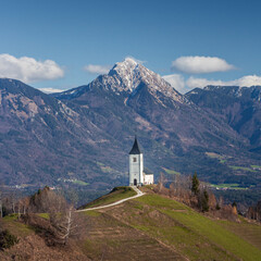 The church near the village of Jamnik, Slovenia, view of the mountains