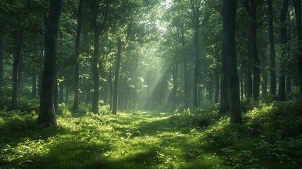 Obraz premium Sunbeams Illuminating a Misty Forest Clearing
