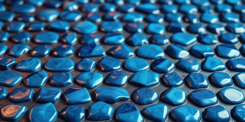 Fototapeta premium A Close-Up View of Smooth, Glossy, Deep Blue Pebbles Arranged in a Regular Pattern, Creating a Textured and Geometrically Pleasing Composition