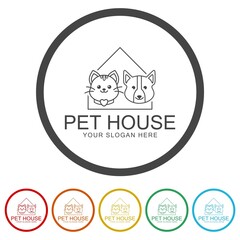 Dog cat pet house home Line icon. Set icons in color circle buttons
