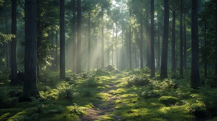 Obraz premium Sunbeams Illuminating a Misty Forest Clearing