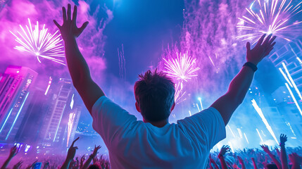 Obraz premium Crowd celebrating under fireworks at a vibrant night festival
