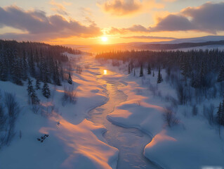 Aerial view of beautiful winter landscape in Lapland during sunset.