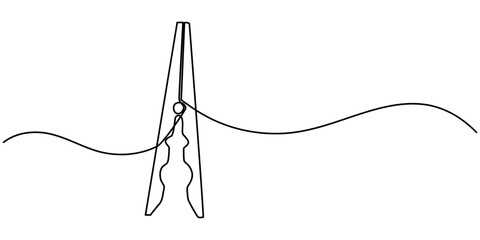Naklejka premium continuous single line drawing of clothespins in one line, Wooden clothespin in one continuous line drawing. Clothesline with pin and peg different forms for photo album and laundry web design concept