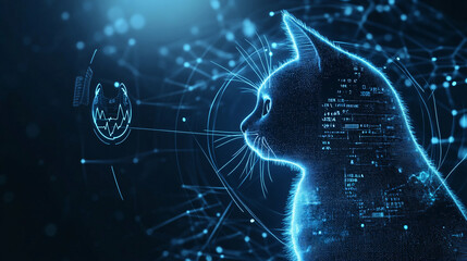 A glowing cat icon surrounded by health tracking data, representing online pet care platforms, smart health monitoring tools, and digital wellness resources. 