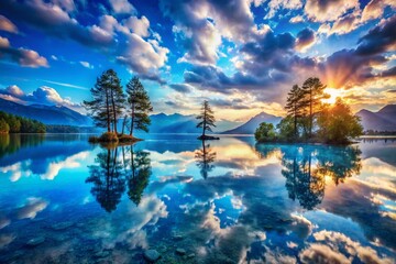 Mesmerizing Double Exposure Photography of a Blue Water Surface Blending with Scenic Nature Elements for Tranquil and Artistic Visuals