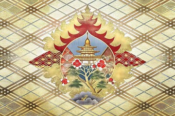 Golden Japanese Temple Art Floral Pattern Decorative Background