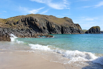 The sandy  beach at Kynance Cove on the Lizard Peninsula, Cornwall, UK.