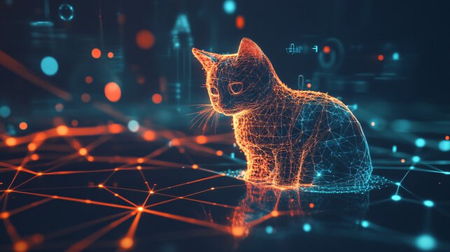 A glowing cat icon surrounded by health tracking data, representing online pet care platforms, smart health monitoring tools, and digital wellness resources. 