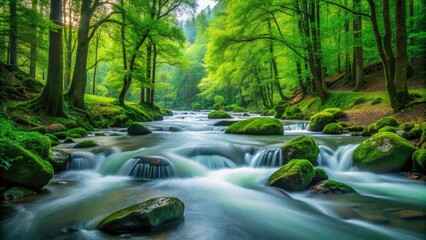 Breathtaking River Flowing Through Lush Green Forests with Long Exposure Effect - Nature Photography, Scenic Landscapes, Tranquil Waters, and Serene Environment