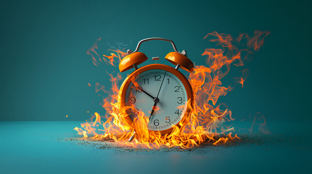 Time is Burning: A vivid and conceptual image of a classic alarm clock engulfed in flames, symbolizing the urgency and pressure of time running out.
