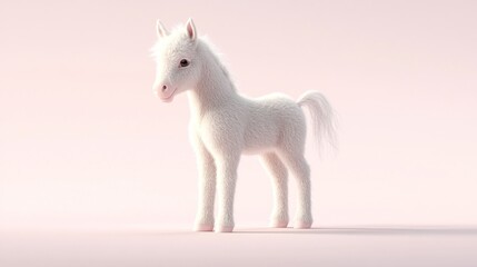 A fluffy white baby horse stands on a pink background