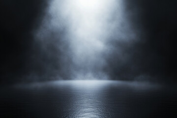 Fototapeta premium scene of a foggy floor with a spotlight in the center and a dark background