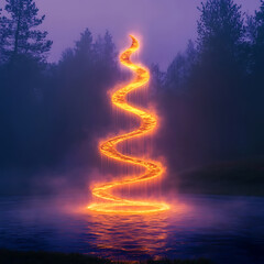 Obraz premium Glowing Spiral Light Above Water at Dusk