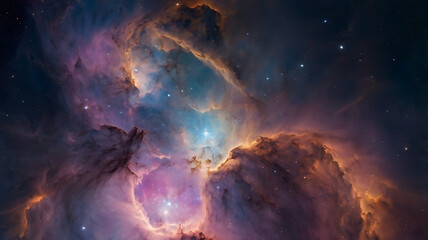 Vibrant Nebula in Outer Space - Cosmic Beauty, abstract wave pattern, digital artwork, vibrant gradient design, pink and teal gradient, dynamic wave lines, modern digital art, flowing lines artwork