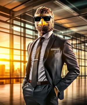 Anthropomorphic eagl dressed as businessman clothes in office, bright suset background
