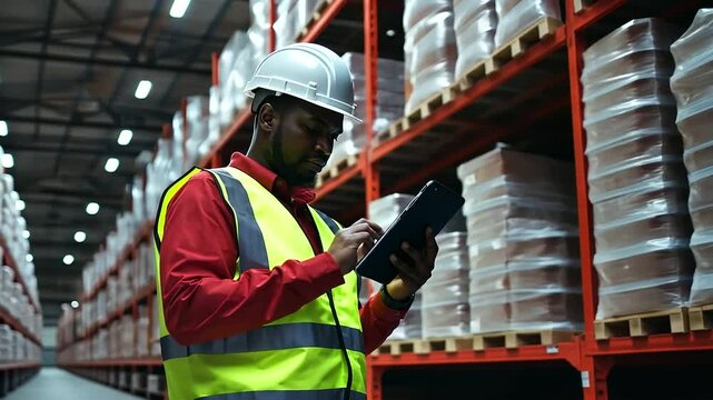 In a bright warehouse, a loader wearing a white helmet and reflective vest checks a tablet in front of loaded shelves, creating a dynamic wholesale image with room for text.