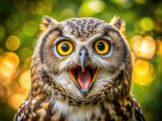 Fototapeta premium Close-up Portrait of a Majestic Owl with Wide Open Mouth and Bright Yellow Eyes in a Natural Setting, Capturing the Beauty of Wildlife and Nature Photography