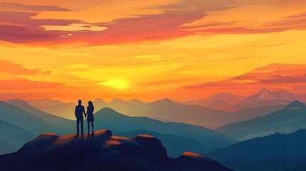 Fototapeta premium Couple Silhouetted Against Vibrant Sunset Mountain View