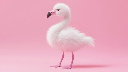 Fototapeta premium A fluffy white flamingo chick stands on pink