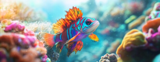 Obraz premium Vibrant Mandarin Fish Swimming in a Coral Reef. AI generated illustration