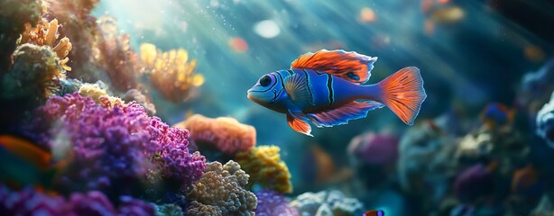 Obraz premium Vibrant Mandarin Fish Swimming in a Coral Reef. AI generated illustration