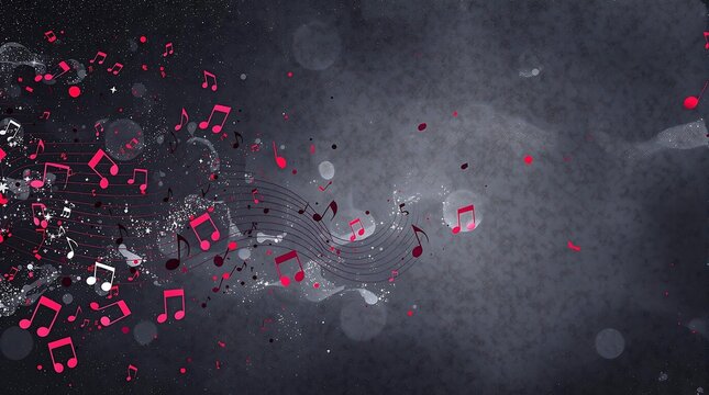 Dynamic and artistic representation of musical notes and symbols in vibrant pink and red hues, scattered across a dark, textured background, creating a sense of movement and rhythm